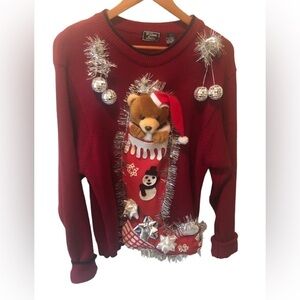 VTG Ugliest Christmas Sweater EVER Hand Crafted Stocking Balls Bow Snowman Red L